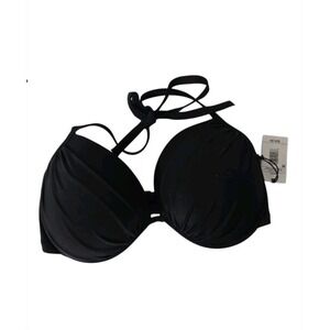 Shade & Shore Black Ruched Push-Up Halter Bikini Top 36DD NWT Black